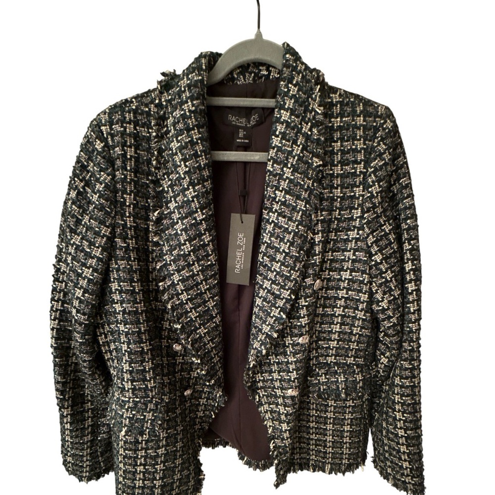 Rachel Zoe Women’s Tweed Jacket Black White Green Size L Textured Blazer NWT